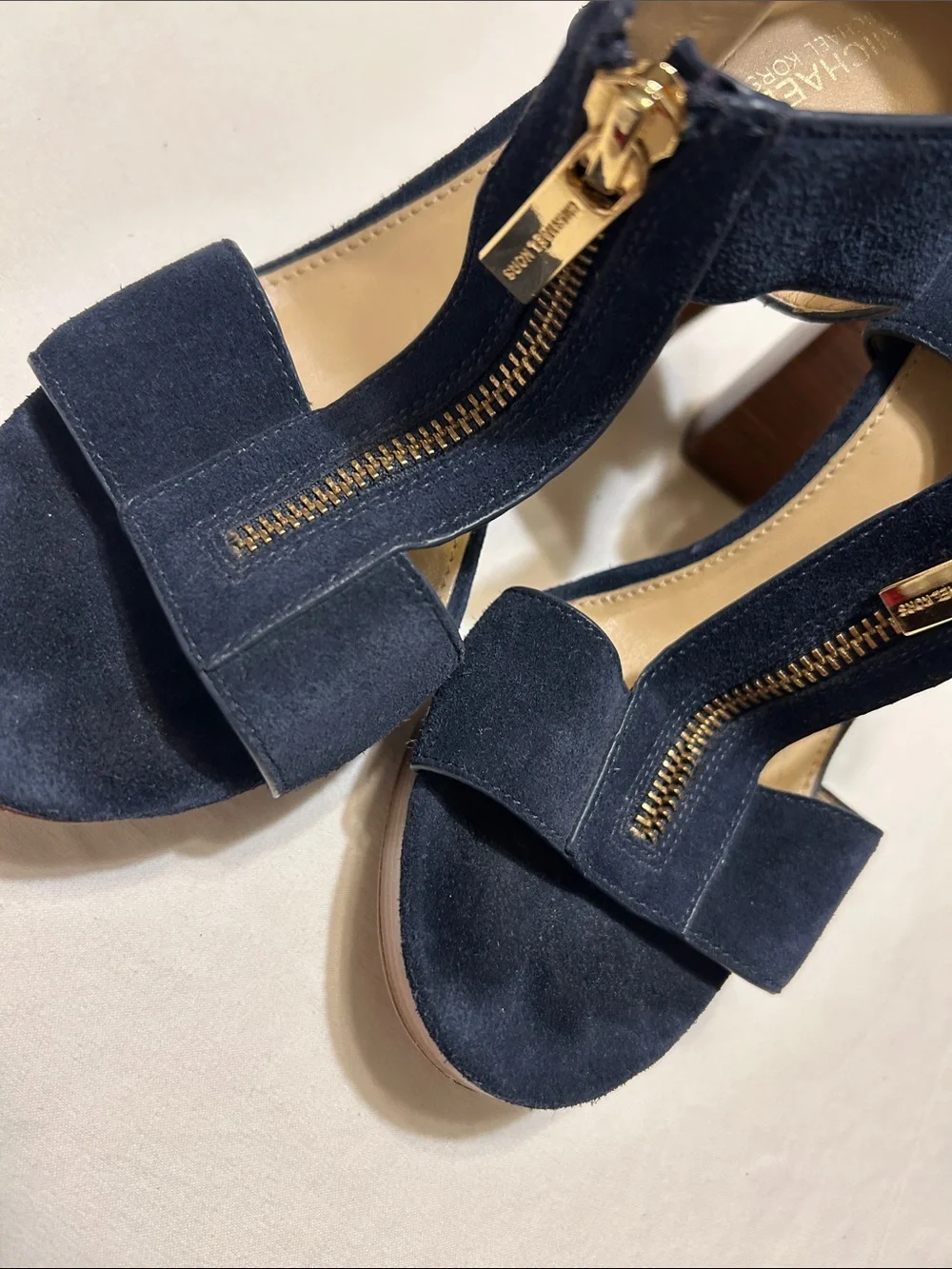 Michael Kors Navy Suede Zip-Front Block Heel Sandals